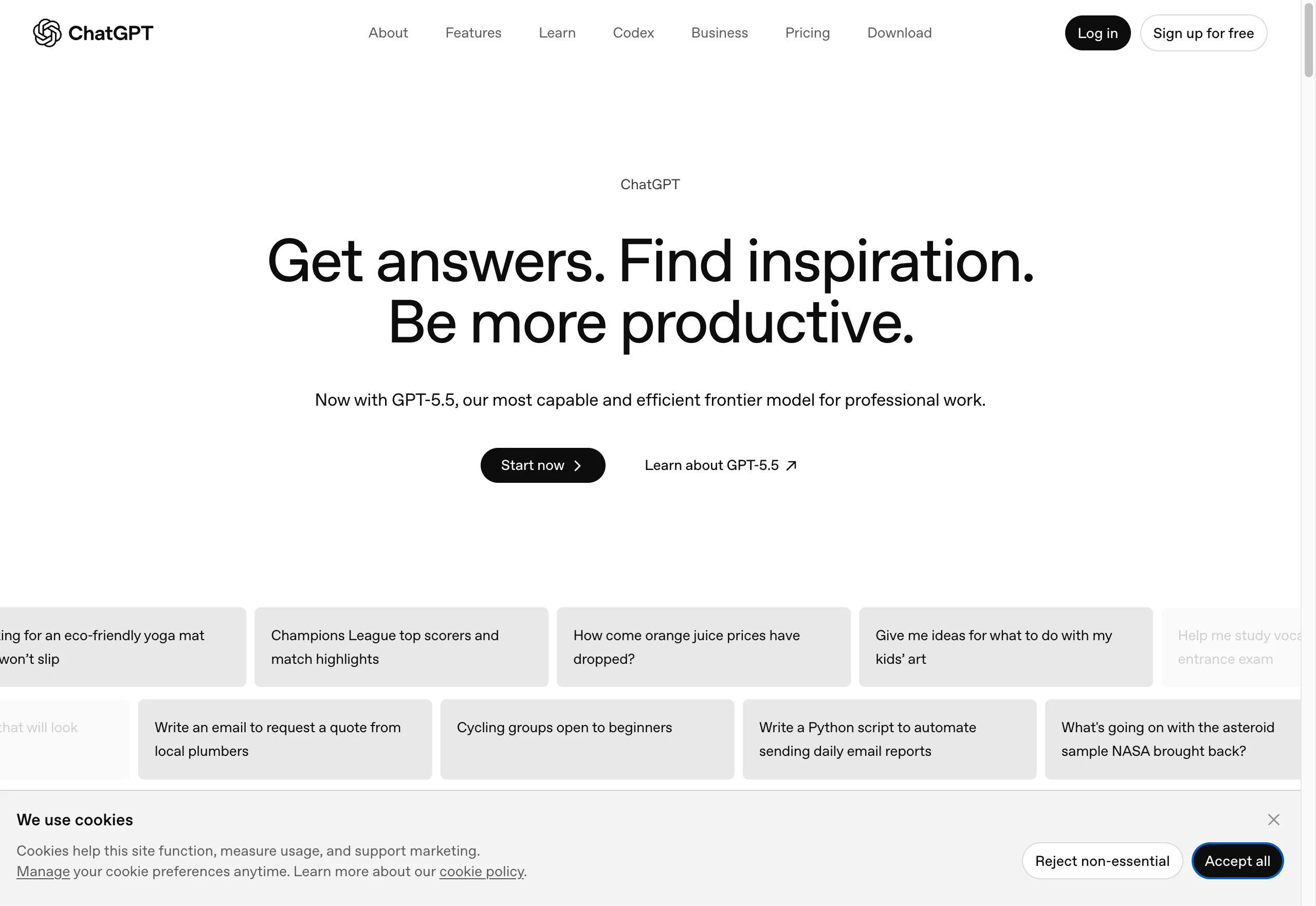 ChatGPT Webseite — Screenshot zum Test-Zeitpunkt
