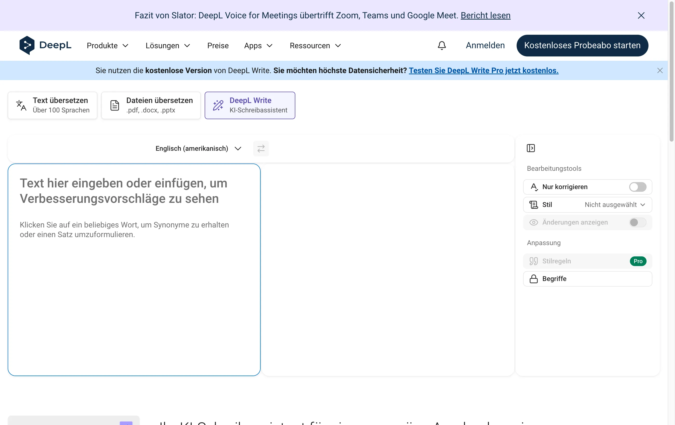 DeepL Write Webseite — Screenshot zum Test-Zeitpunkt