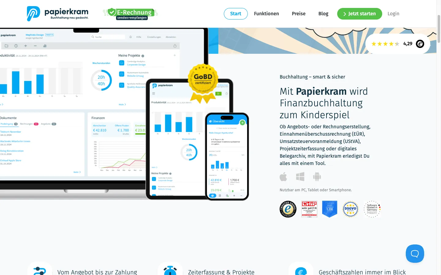 Papierkram Webseite — Screenshot zum Test-Zeitpunkt
