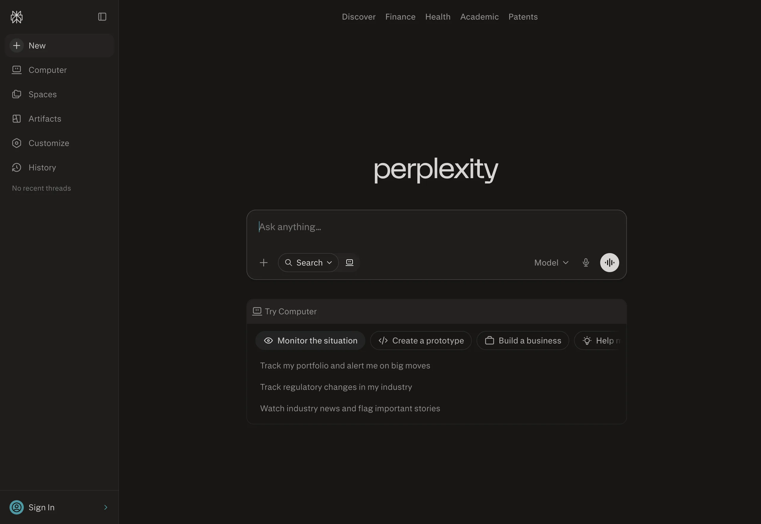 Perplexity Webseite — Screenshot zum Test-Zeitpunkt
